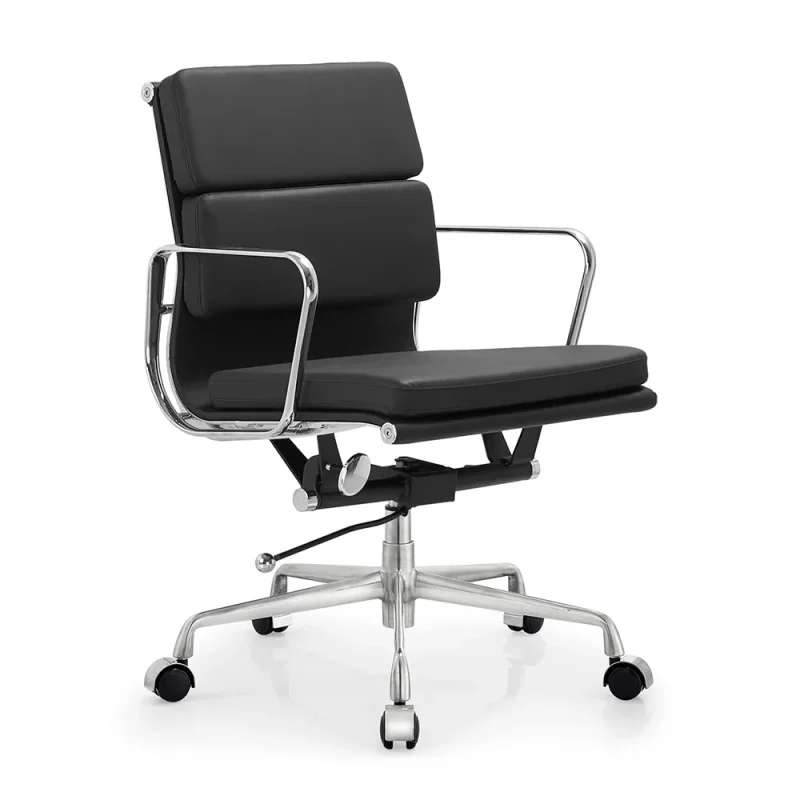 Senlan Office Chair PW302 Modern Executive Home Office Mid Back Padded Leather Office Chair with Adjustable Height Ribbed Polished Aluminum Frame
